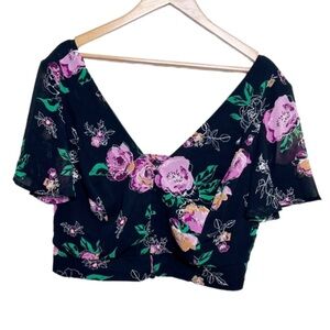 Torrid Black Floral Flutter Sleeve V Neck Cropped Blouse Womens Plus Size 00